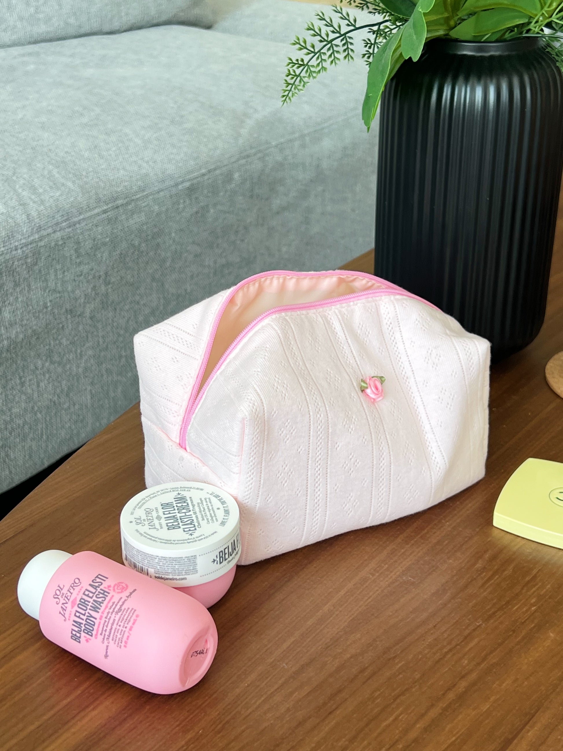 aesthetic beauty pouch. Pink makeup bag good for travel and beauty essentials.