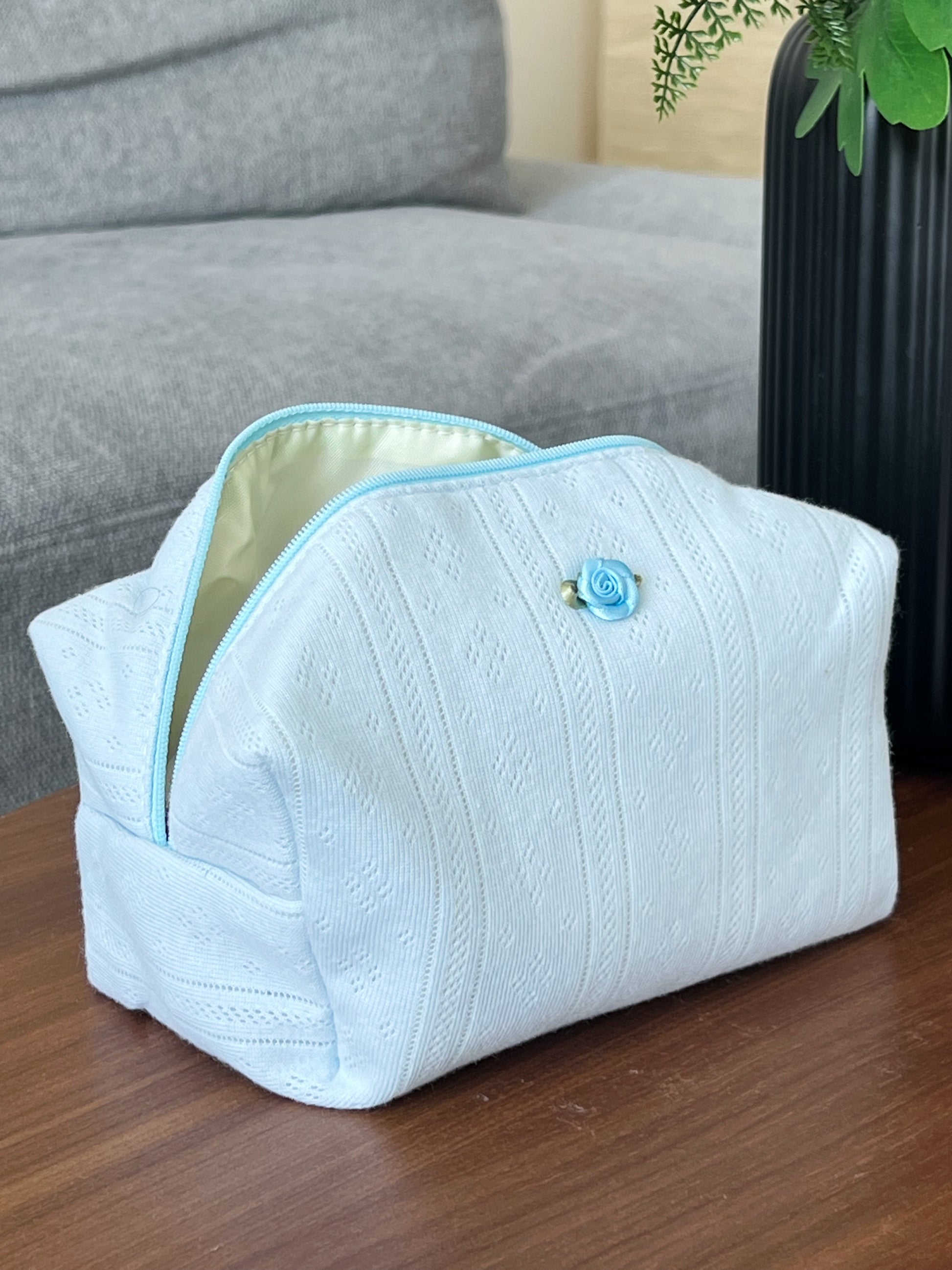blue beauty pouch. Use for makeup, skincare and travel. 