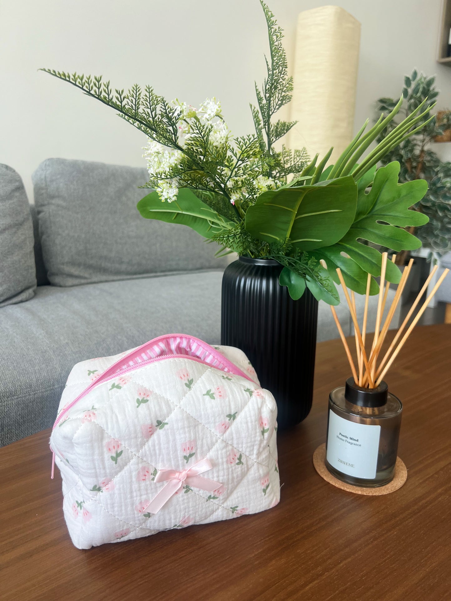 Beauty case with flower designs. Sweet and soft. Can fit skincare, makeup and more.
