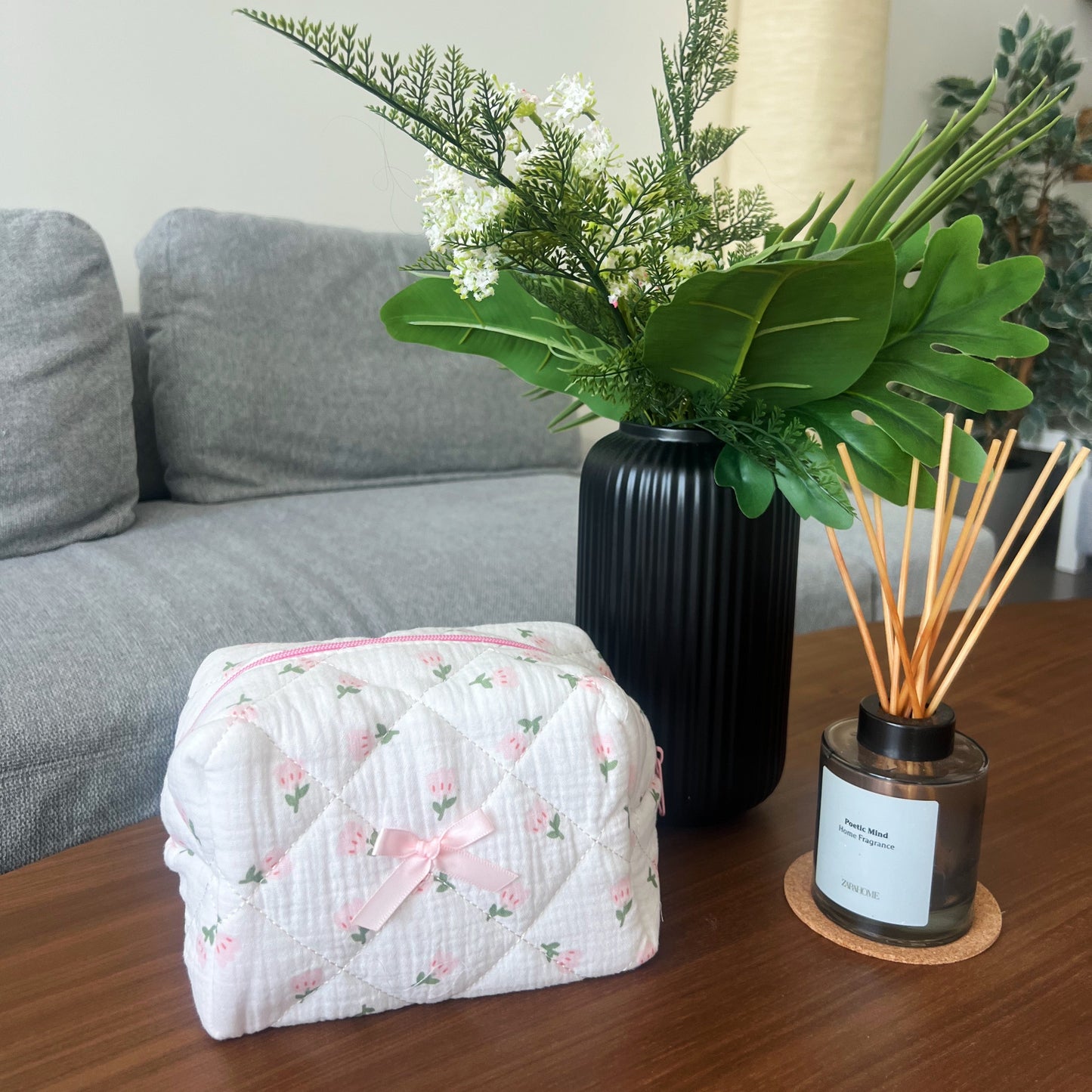 Makeup bag with flower designs. Sweet and soft. Can fit skincare, makeup and more.