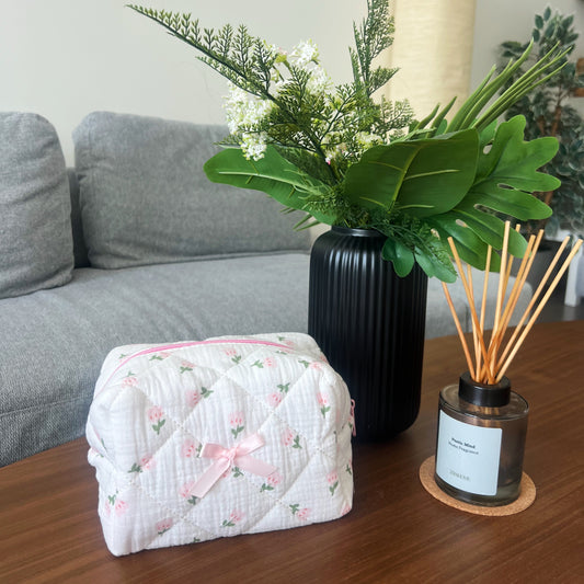 Makeup bag with flower designs. Sweet and soft. Can fit skincare, makeup and more.